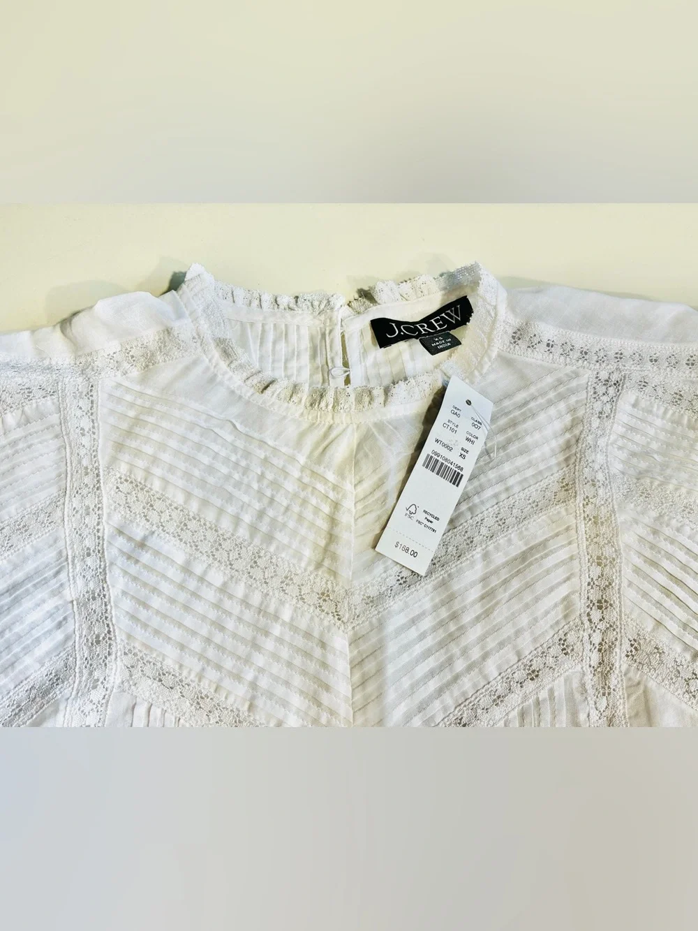 J.Crew White.Women’s Lace-trim pintuck top in 100% organic cotton voile.XS.NWT.